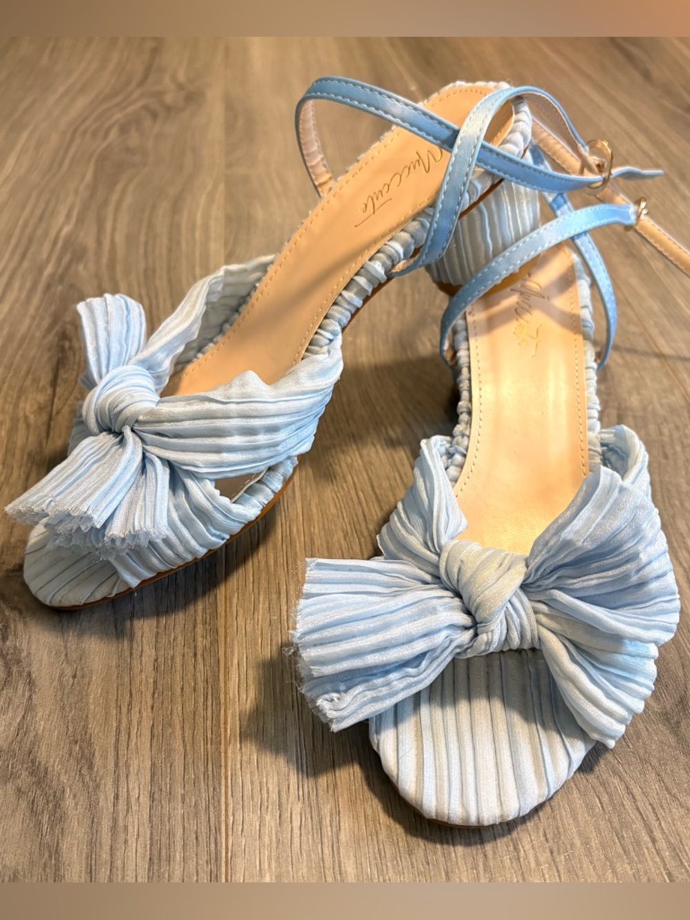 Light Blue Pleated Bow Ankle-Strap Heels